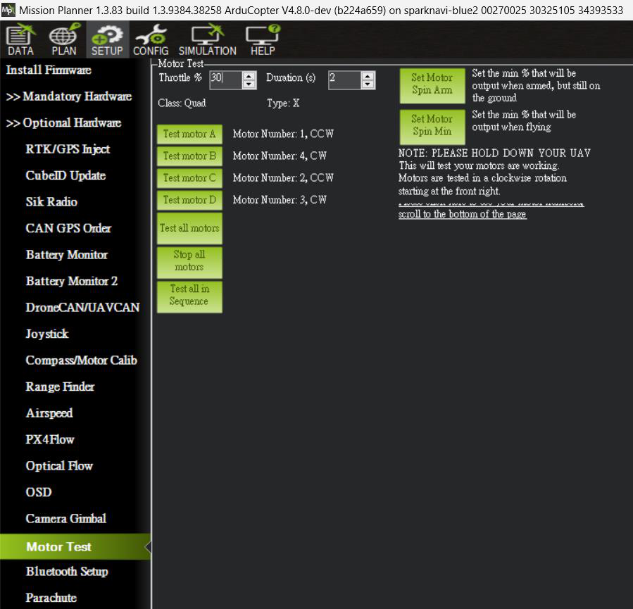 Mission Planner Motor Test