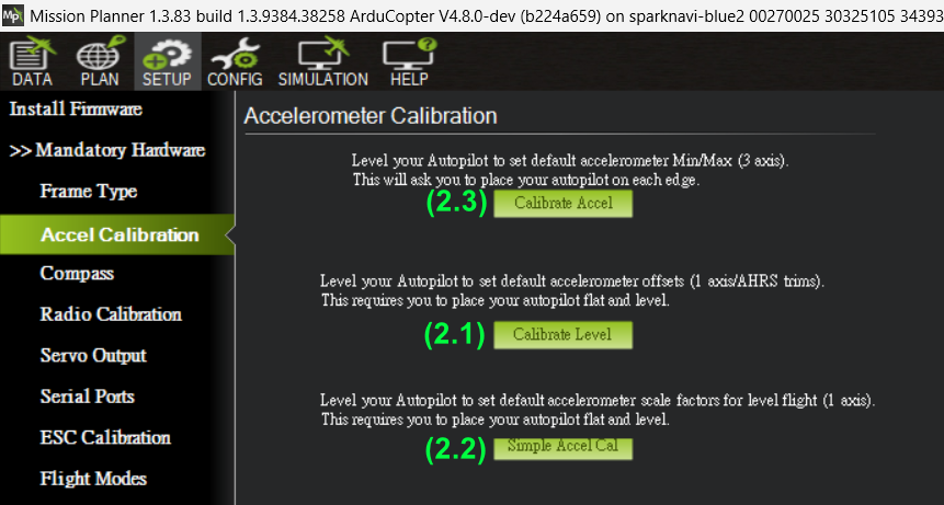 Accelerometer calibration screen